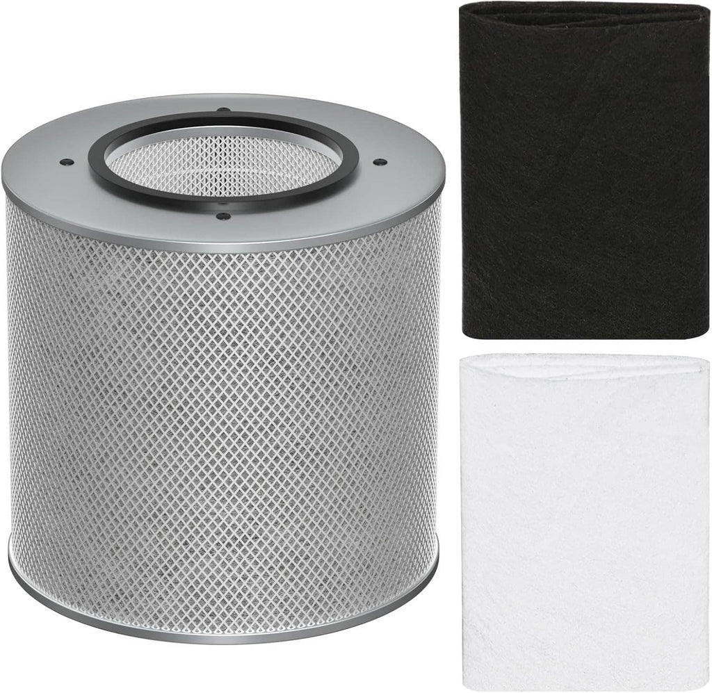 Air purifier HEPA filter cylinder in gray with included black and white replacement media.