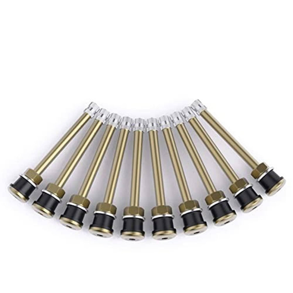 Brass truck tire valve stems with black rubber seals and silver cores