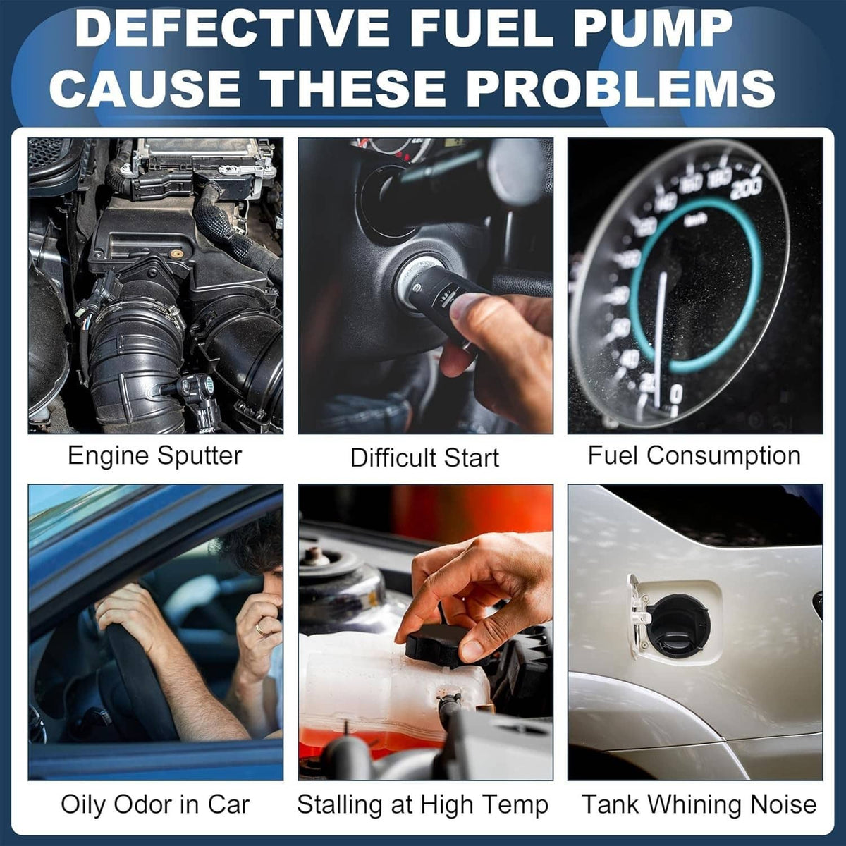 High pressure fuel pump troubleshooting infographic with fuel system issue icons
