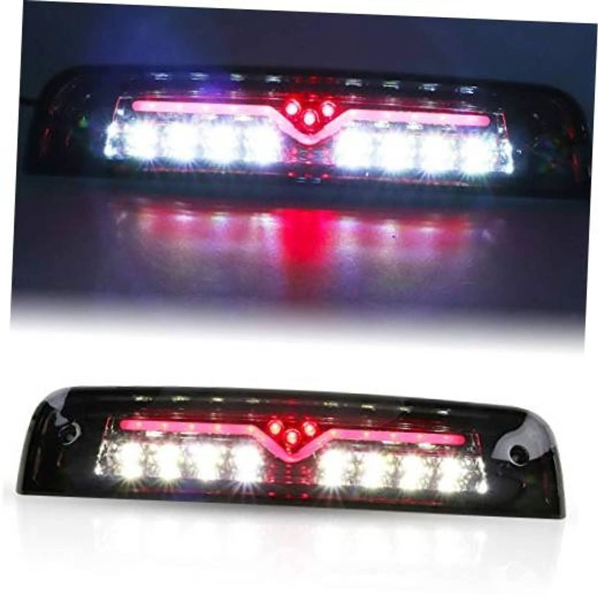 LED third brake light with smoked lens and chrome housing, lit white LEDs and red center