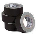 Black gaffer tape rolls with gray cores, matte cloth finish, no-residue adhesive