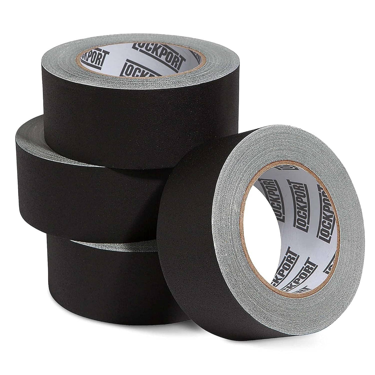 Black gaffer tape rolls with gray cores, matte cloth finish, no-residue adhesive