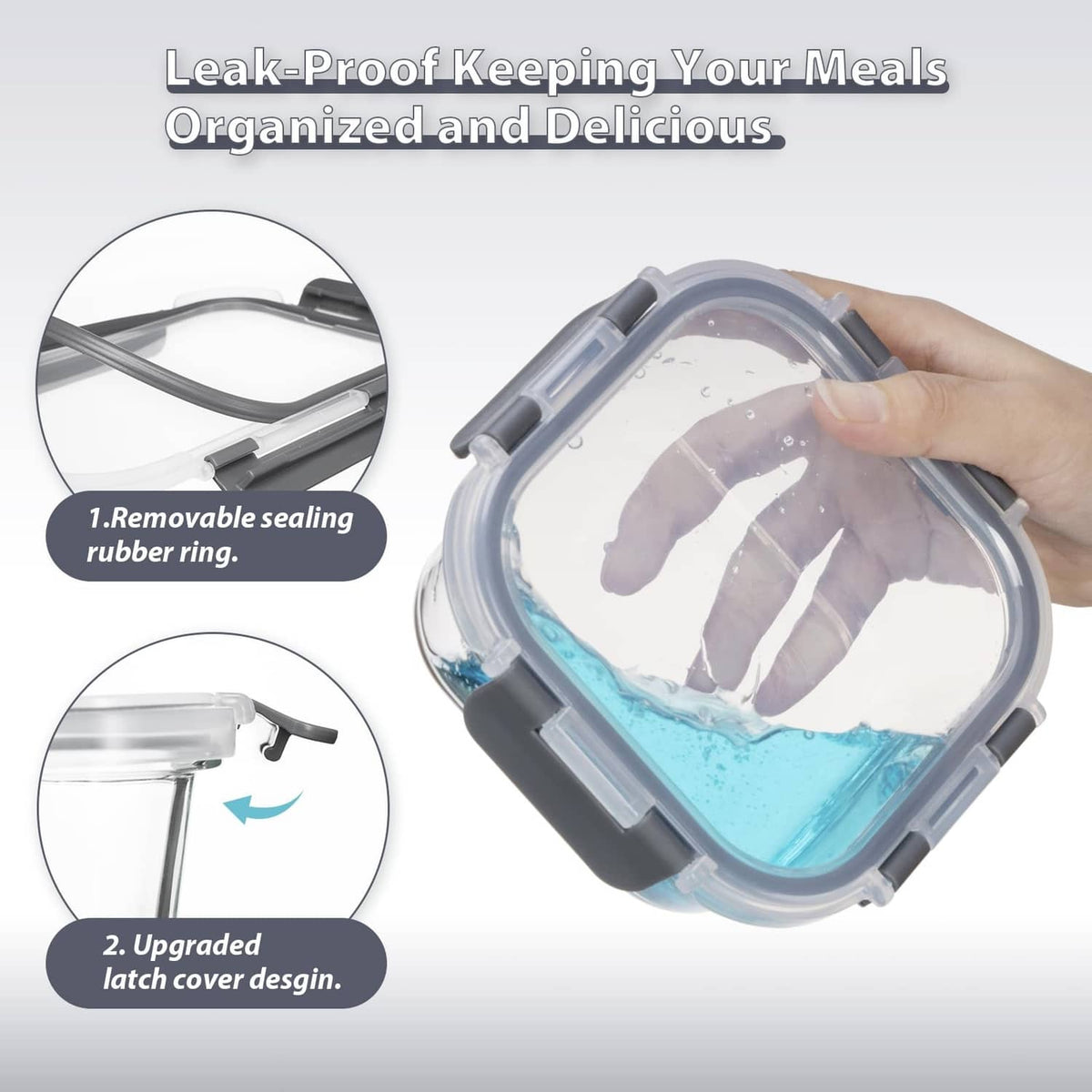 Clear glass container with gray lid and sealing ring, close-up on latch