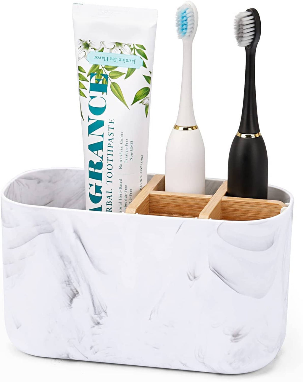 White marble bathroom toothbrush holder with wooden slots and two toothbrushes