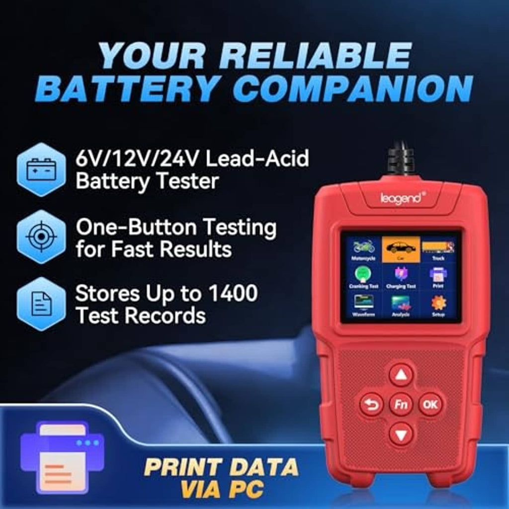 Red handheld battery tester with color touchscreen display and control buttons