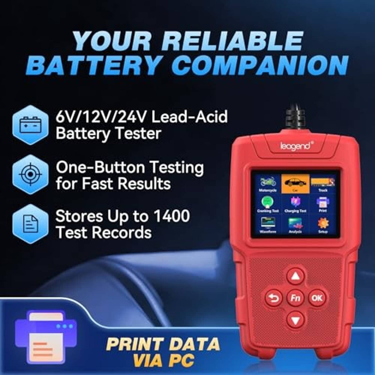 Red handheld battery tester with color touchscreen display and control buttons