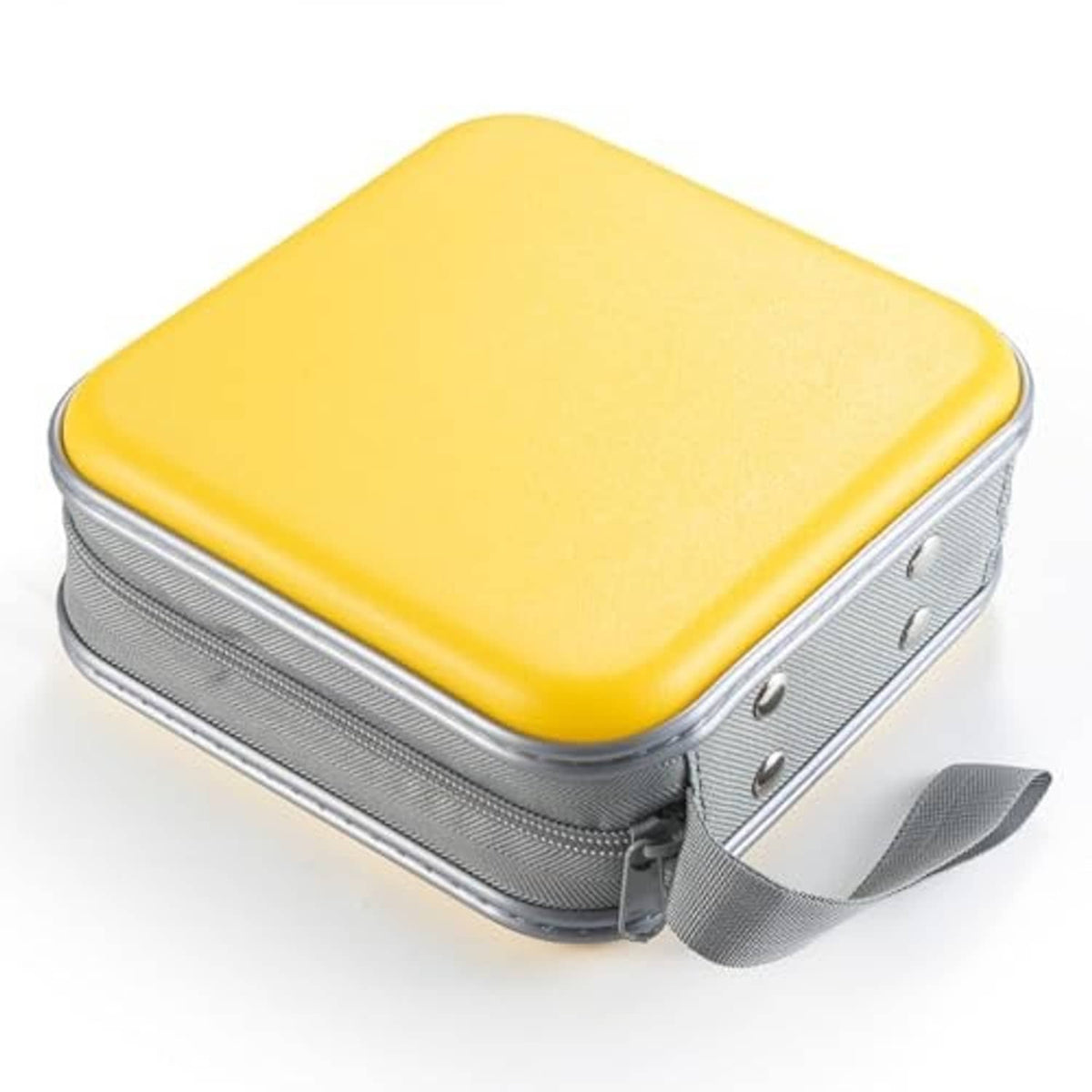Square yellow hard DVD/CD case with gray textured sides, zipper edge, and carry strap.