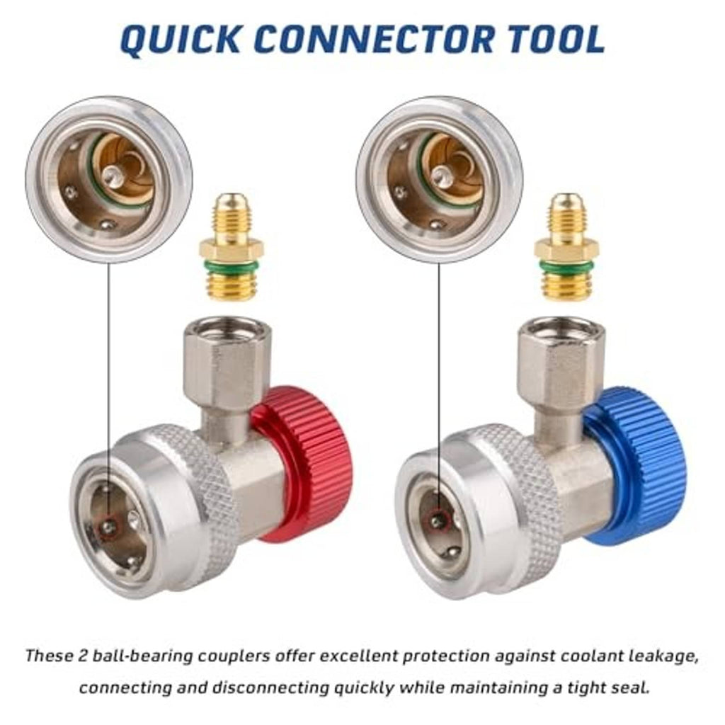 Quick connector tool view of refrigerant adapter couplers with red and blue knobs