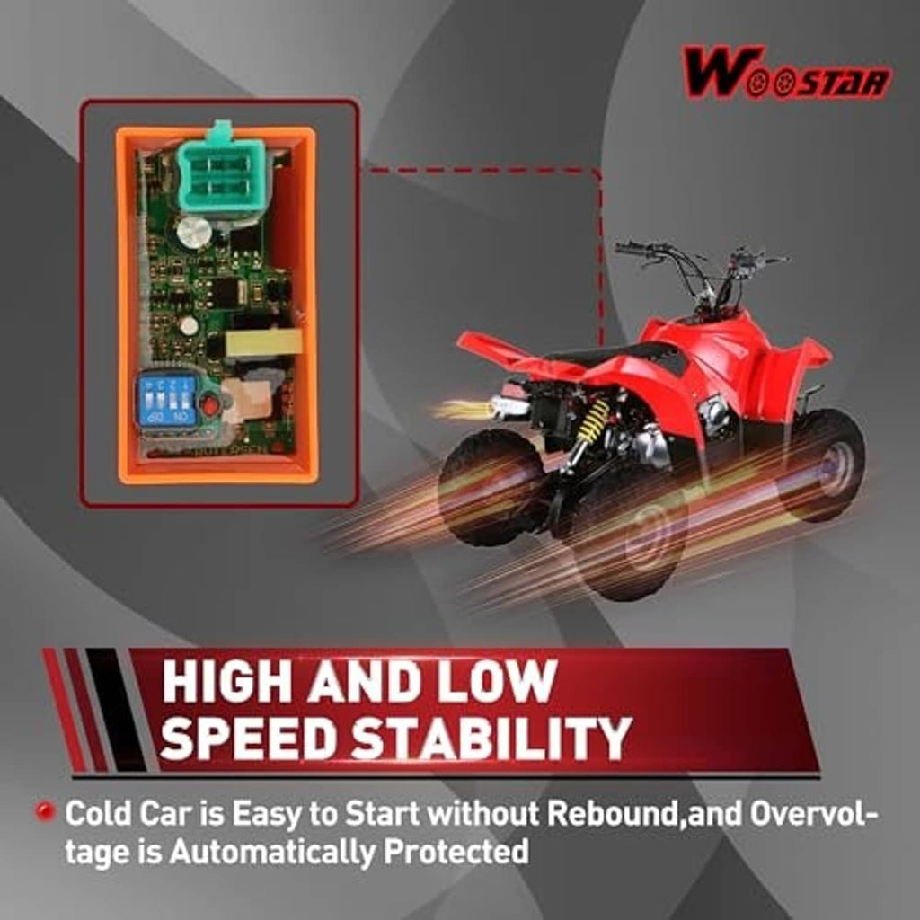 DC CDI ignition module in orange case with green 4-pin plug and blue DIP switch