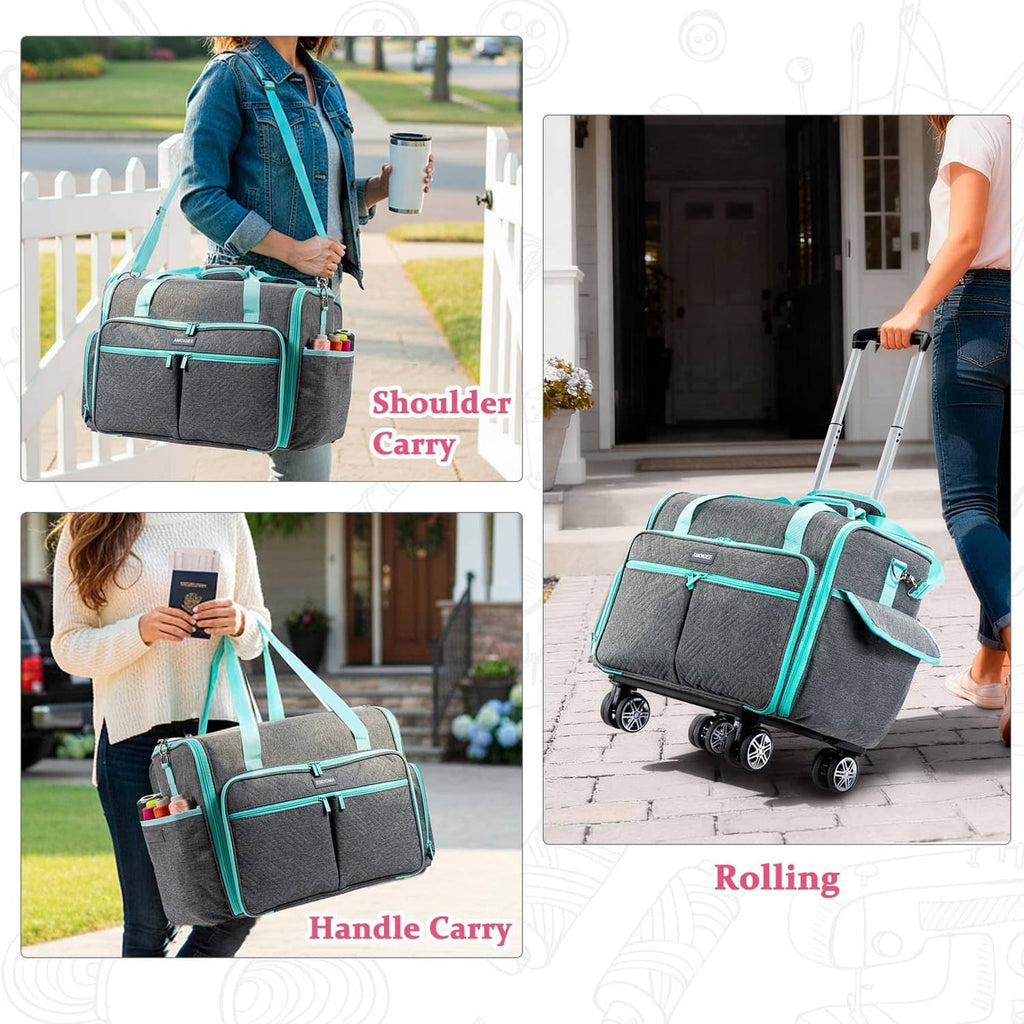 Gray and teal wheeled sewing machine case carried by shoulder or top handle