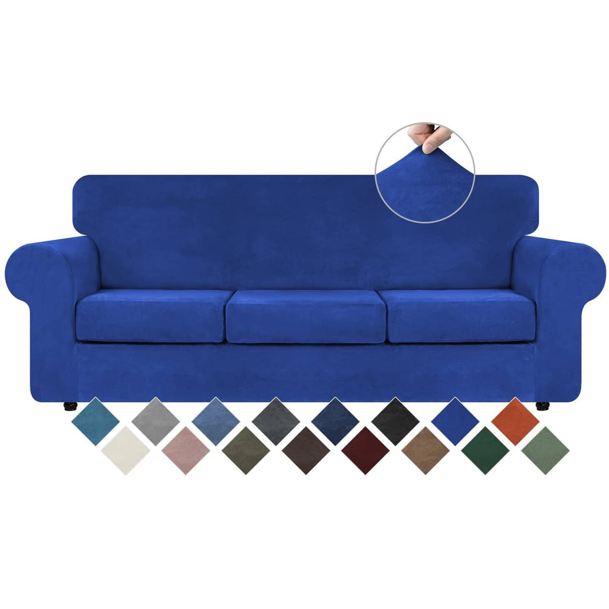 Royal blue stretch couch cover for large 3-cushion sofa, fitted arm and seat panels