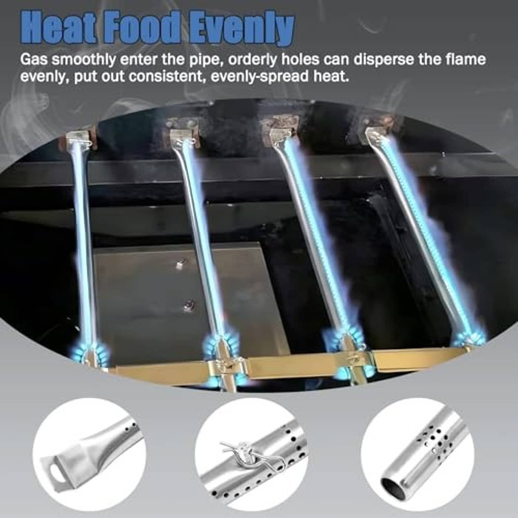 Stainless burner pipes with evenly spaced holes to distribute gas flame