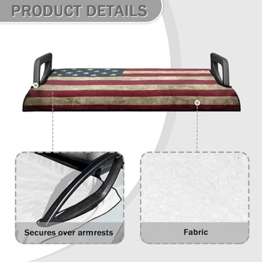 American flag seat towel with armrest securing straps and stitched fabric edges