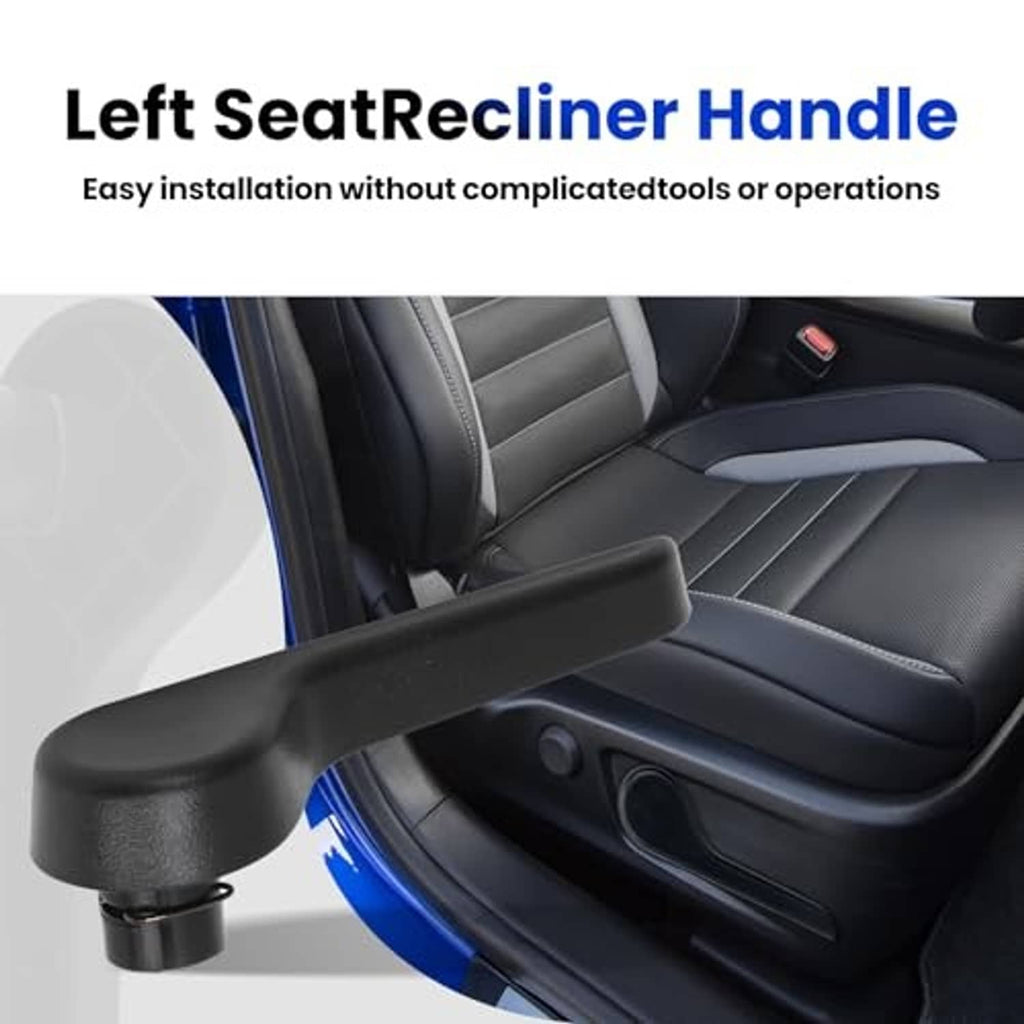 Left seat recliner handle attached to car seat armrest area in dark gray