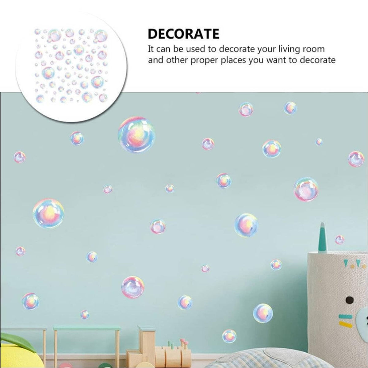Rainbow bubble wall decal pattern with iridescent bubbles on a light blue wall