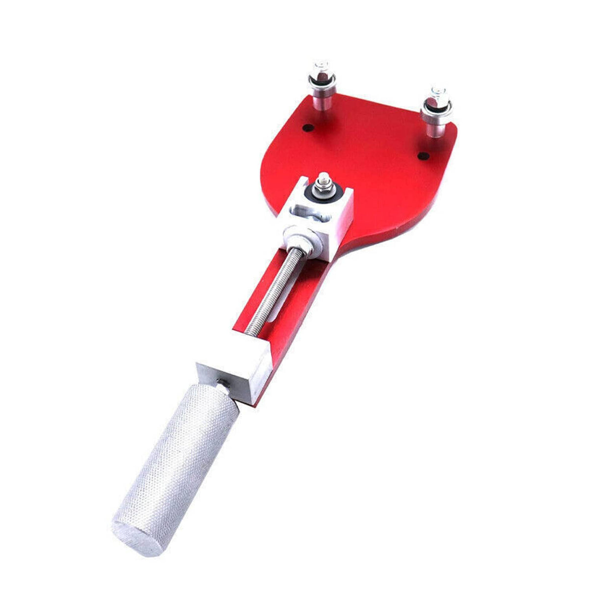 Oil filter cutter tool with red circular base and spring-loaded cutting assembly