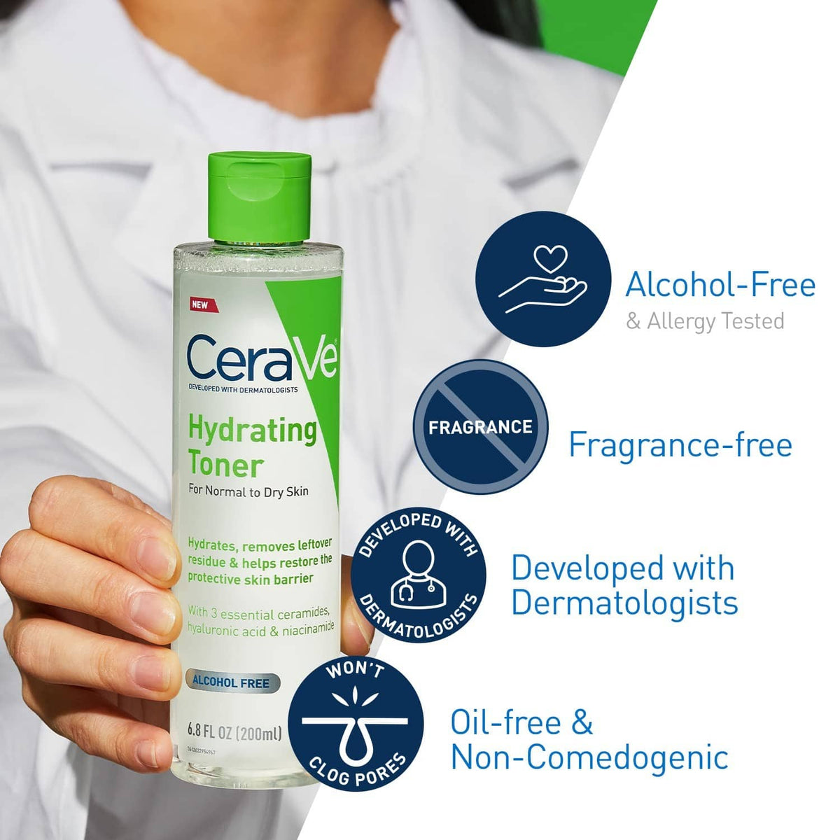 CeraVe hydrating toner bottle in hand, Alcohol-Free and fragrance-free badges