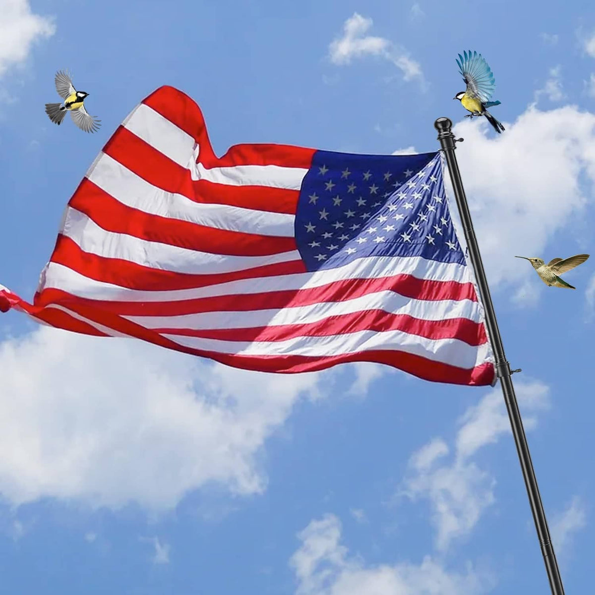 American embroidered flag flying on a tall black flagpole