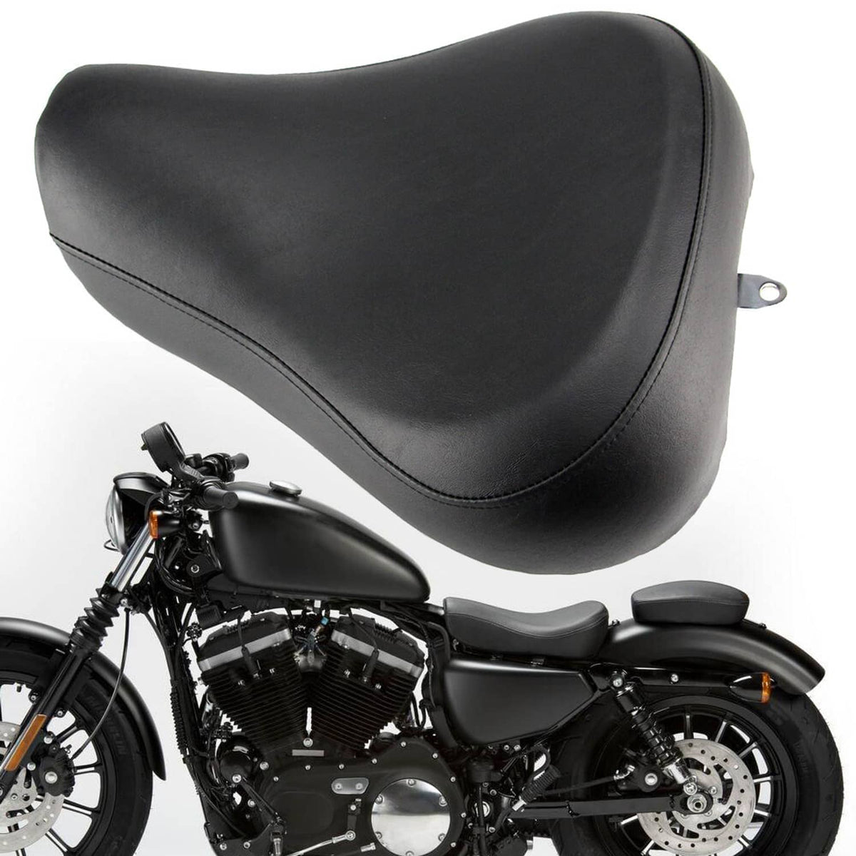 Black motorcycle solo seat for front rider with stitched perimeter and side mounting
