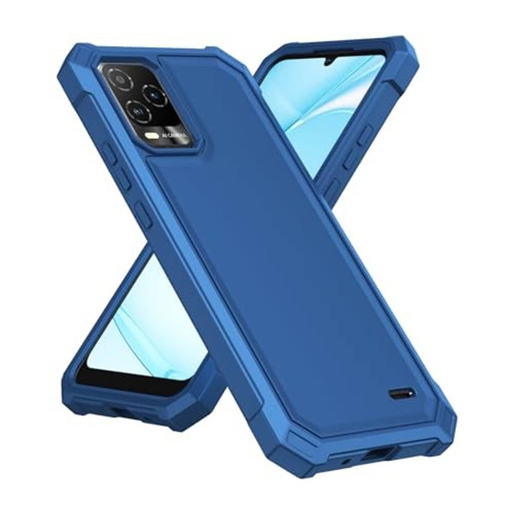 Blue dual-layer phone case with kickstand-style support and camera cutout