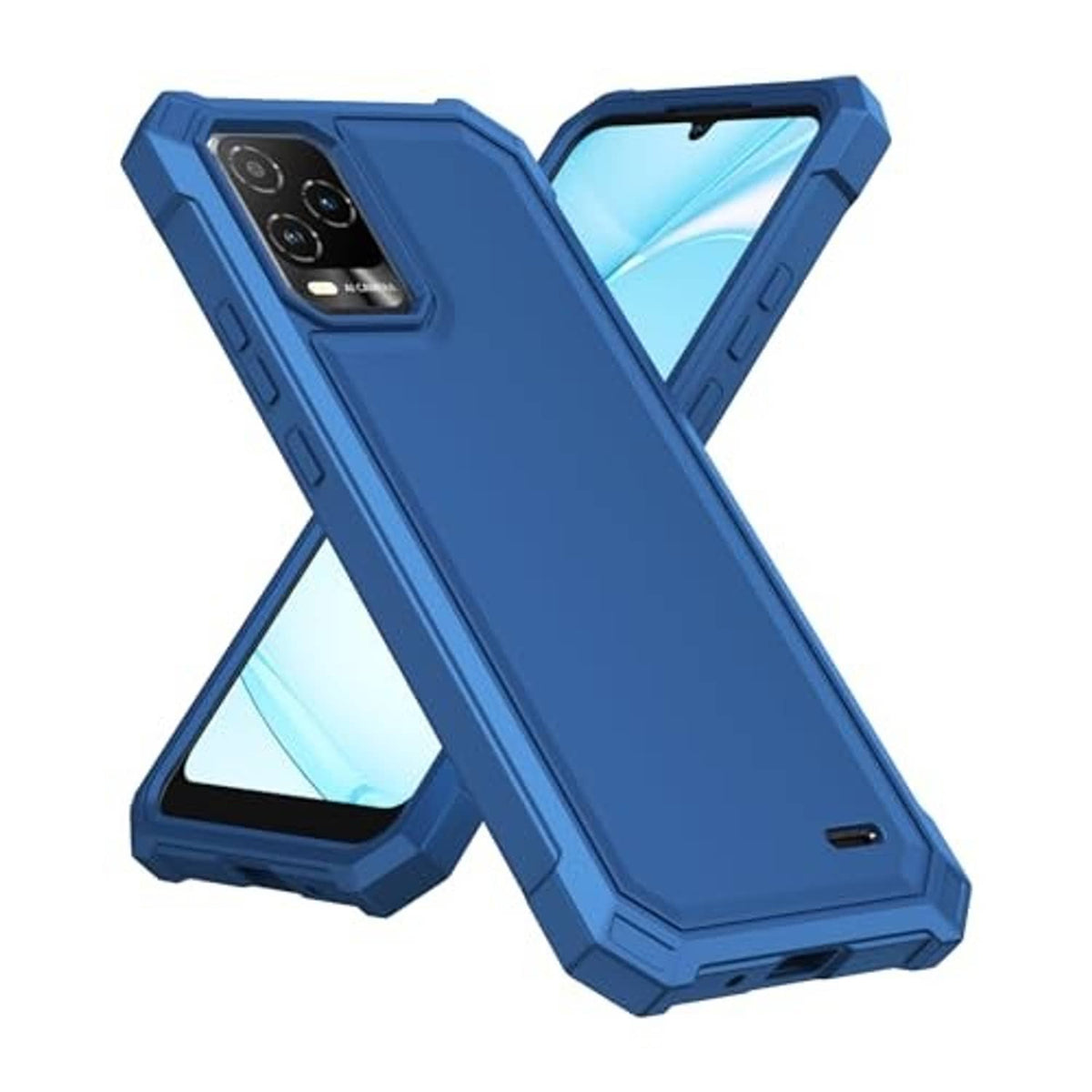 Blue dual-layer phone case with kickstand-style support and camera cutout
