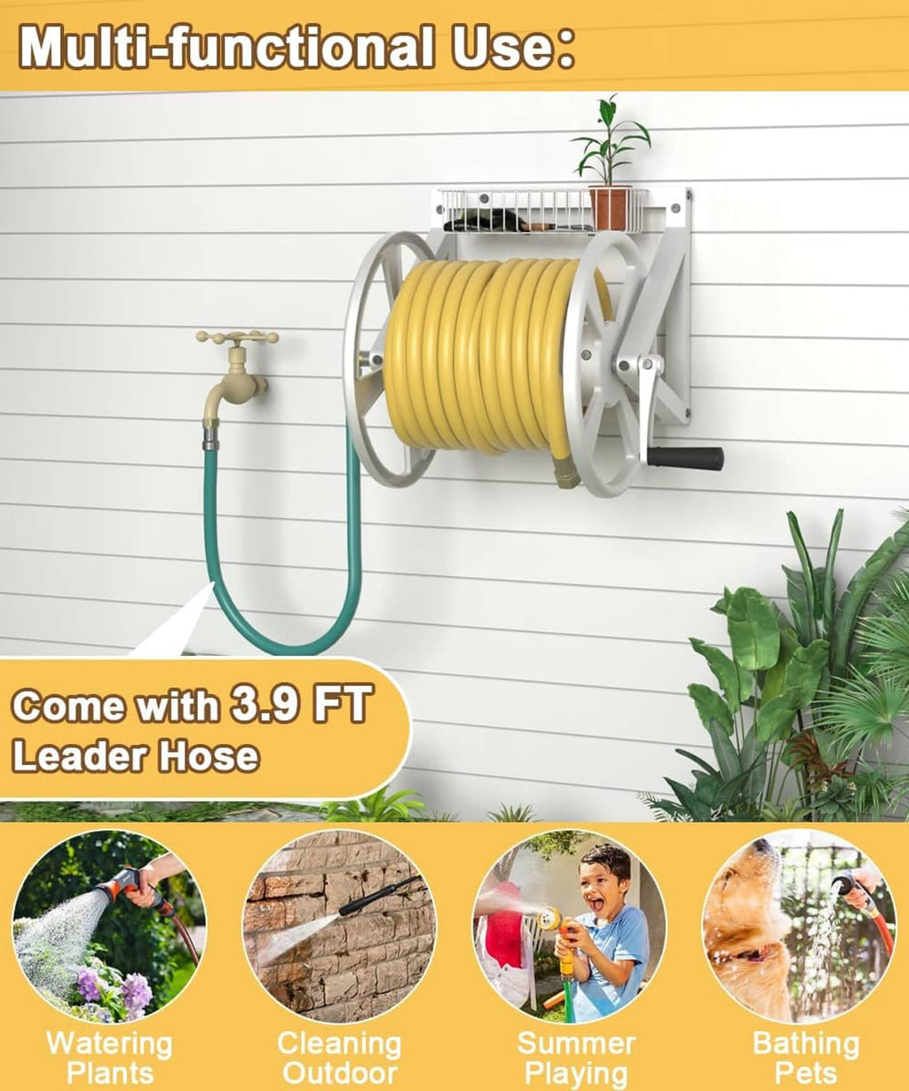 Wall-mounted hose reel with coiled yellow hose and green leader hose on frame