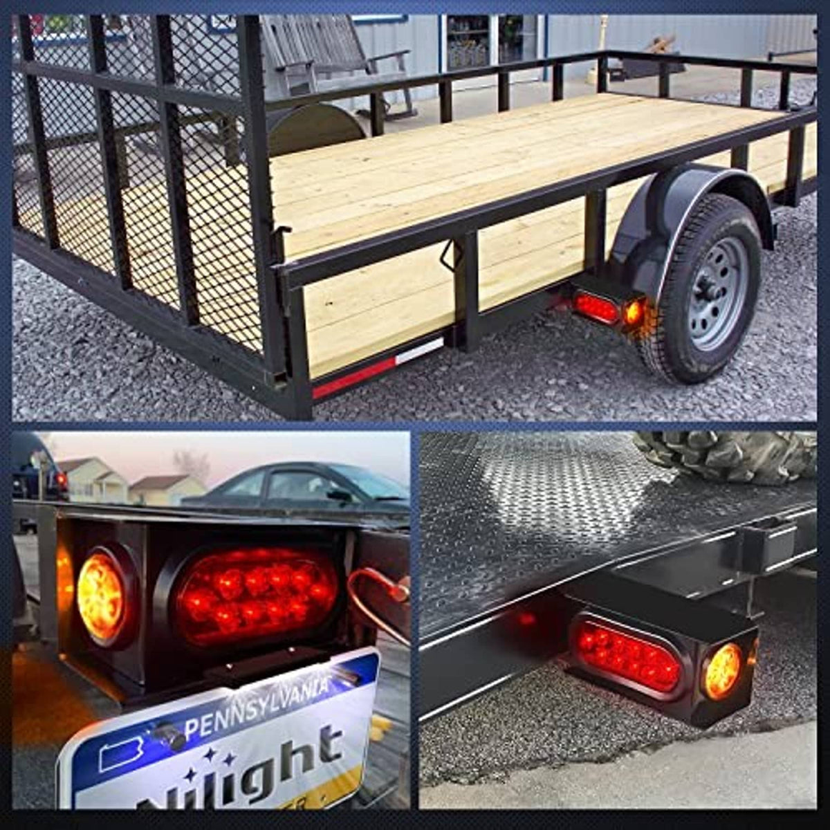 Trailer with black housing red oval tail lights and amber marker lights near the wheel