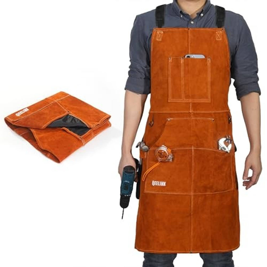 Brown leather welding apron folded flat, showing tool pocket panels and straps