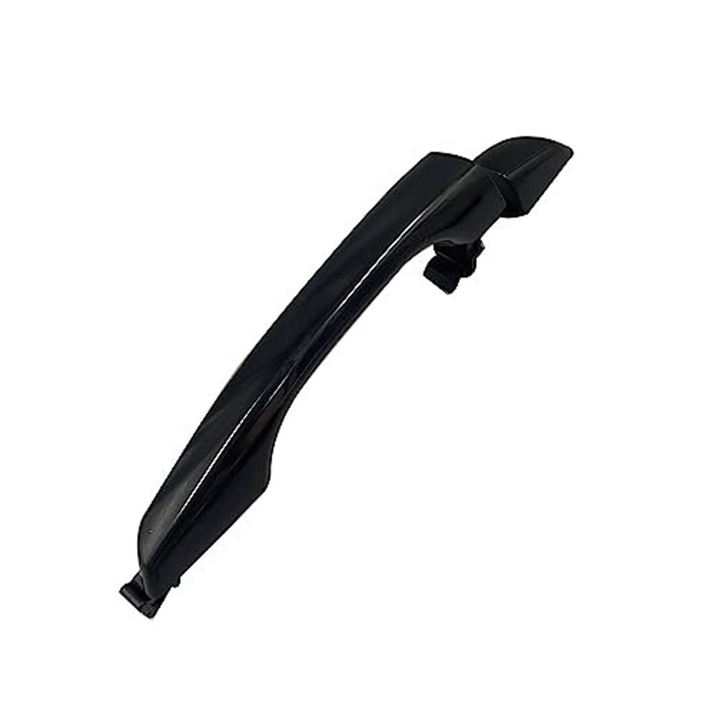 Black exterior door handle in angled view, with mounting bracket on back