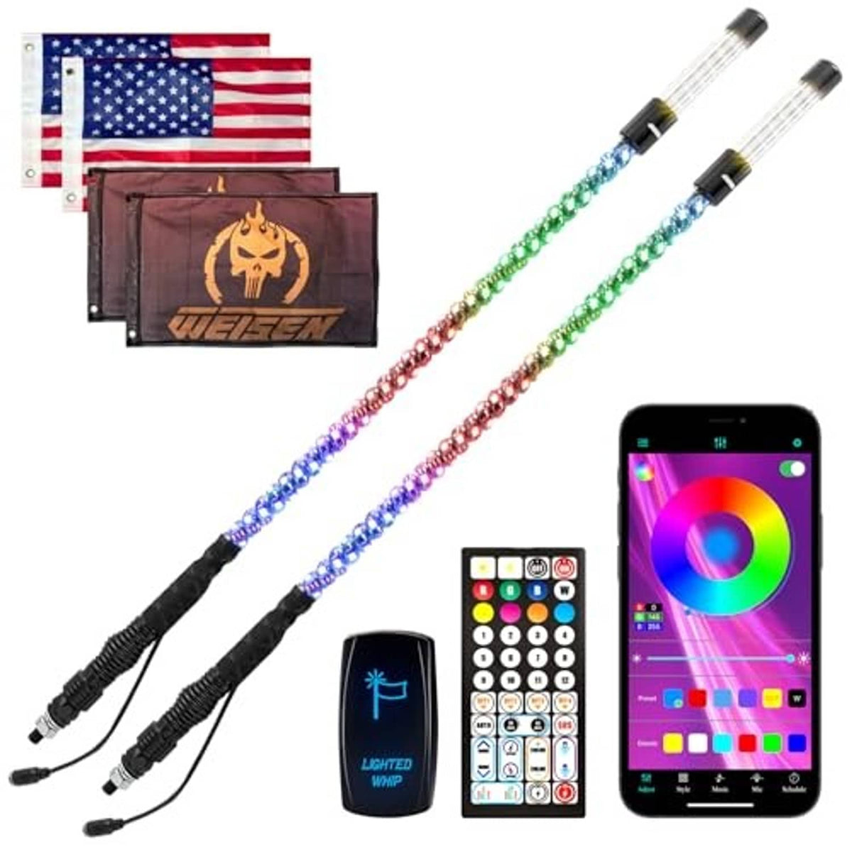 Two RGB LED whip lights with controllers and smartphone screen showing color wheel