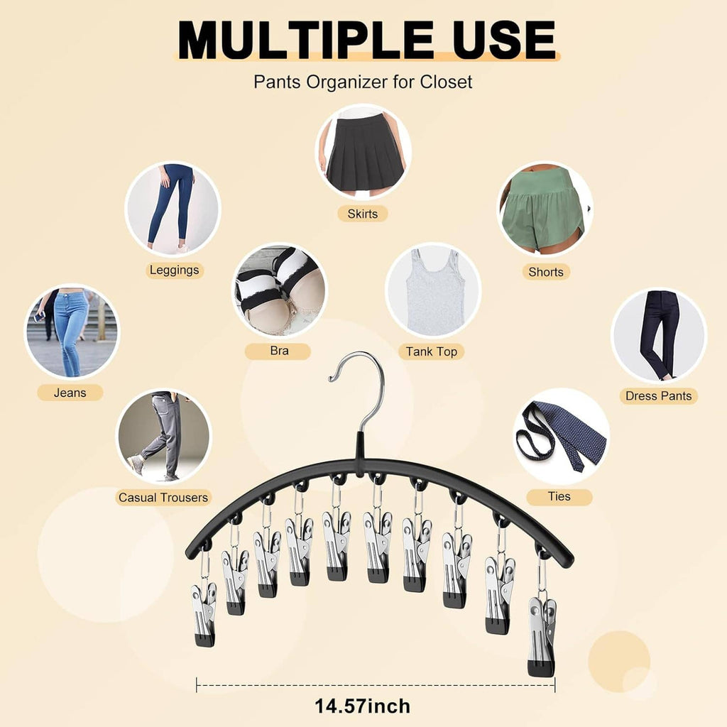 Arched closet organizer hanger with clips for leggings and other clothing