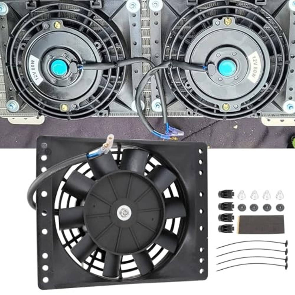 Close-up of dual radiator cooling fans with black blades and blue wire connectors