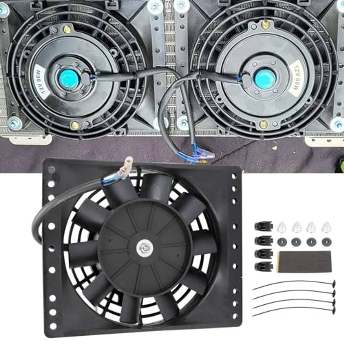 Close-up of dual radiator cooling fans with black blades and blue wire connectors