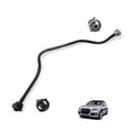 Black coolant overflow hose with small metal fittings and connectors, curved profile
