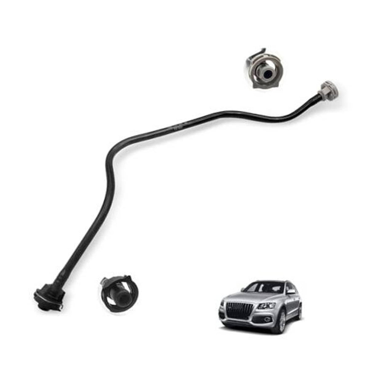 Black coolant overflow hose with small metal fittings and connectors, curved profile