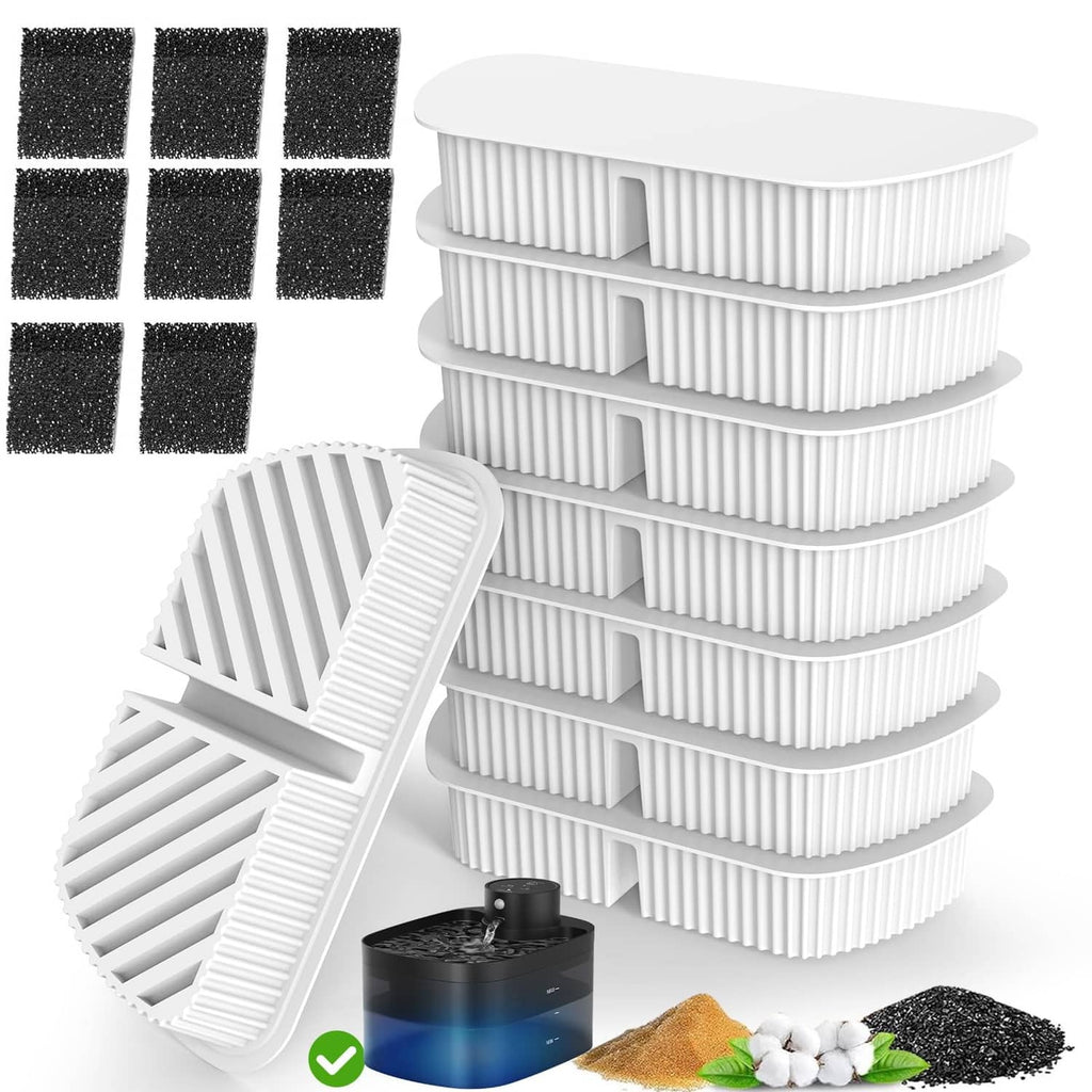 Water fountain replacement filter cartridges and charcoal sponge, stacked white and dark gray