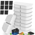 Water fountain replacement filter cartridges and charcoal sponge, stacked white and dark gray