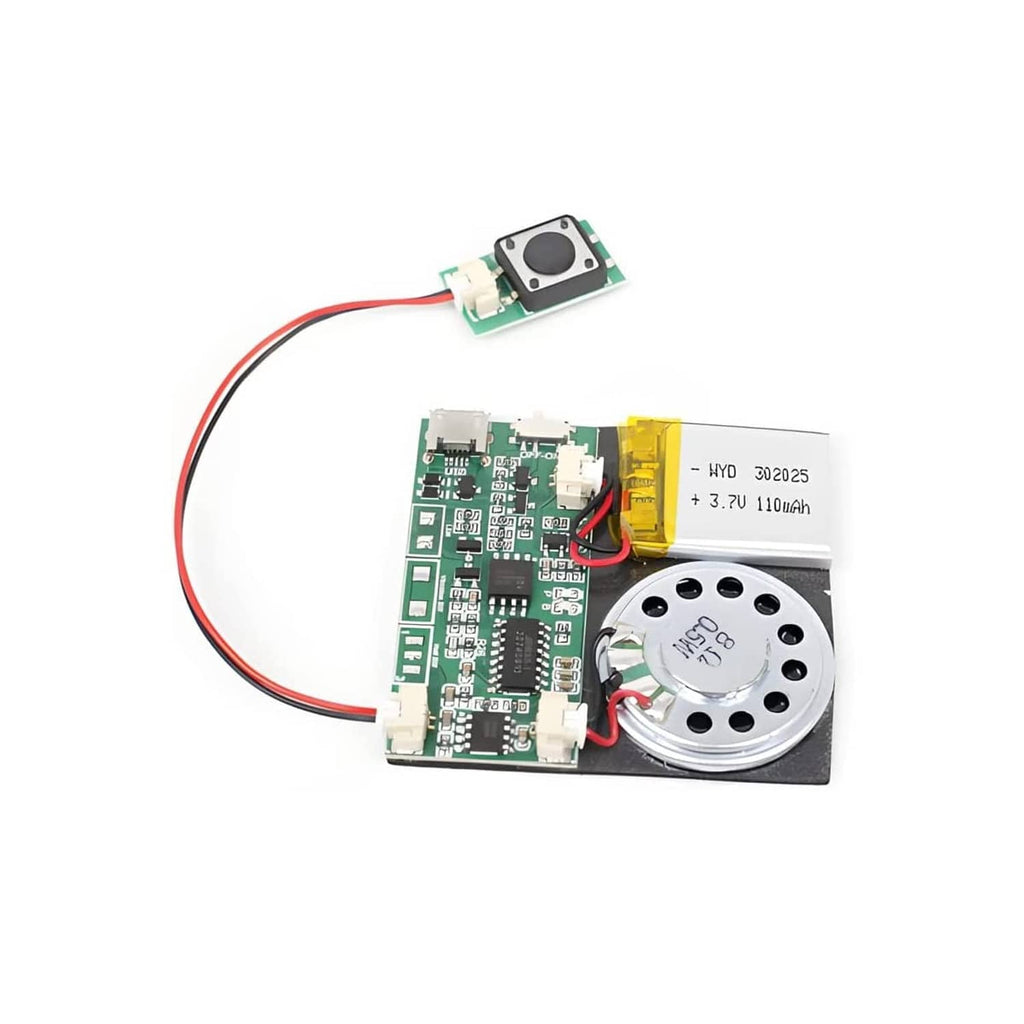 MP3 sound module PCB with press button, onboard speaker, and wiring connections
