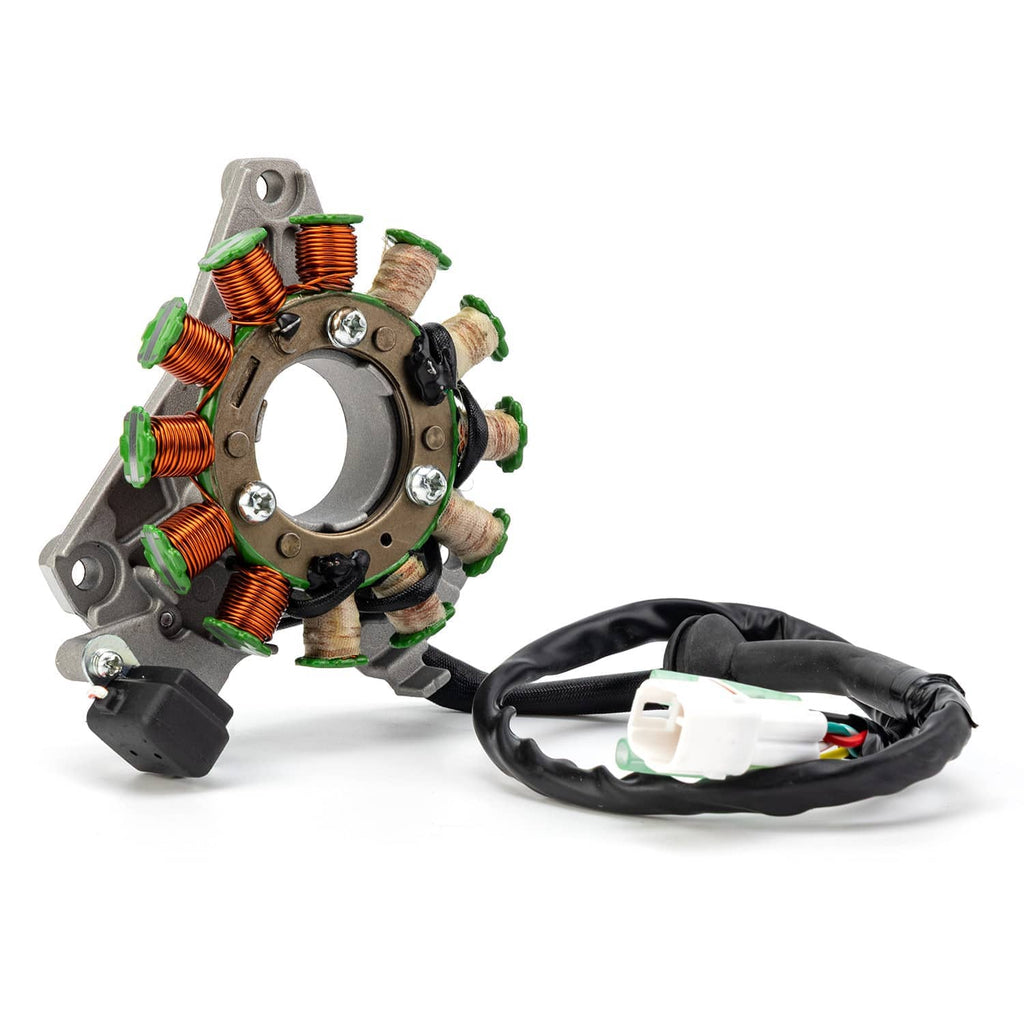 Motorcycle stator assembly with copper coils, green terminals, and black wiring harness