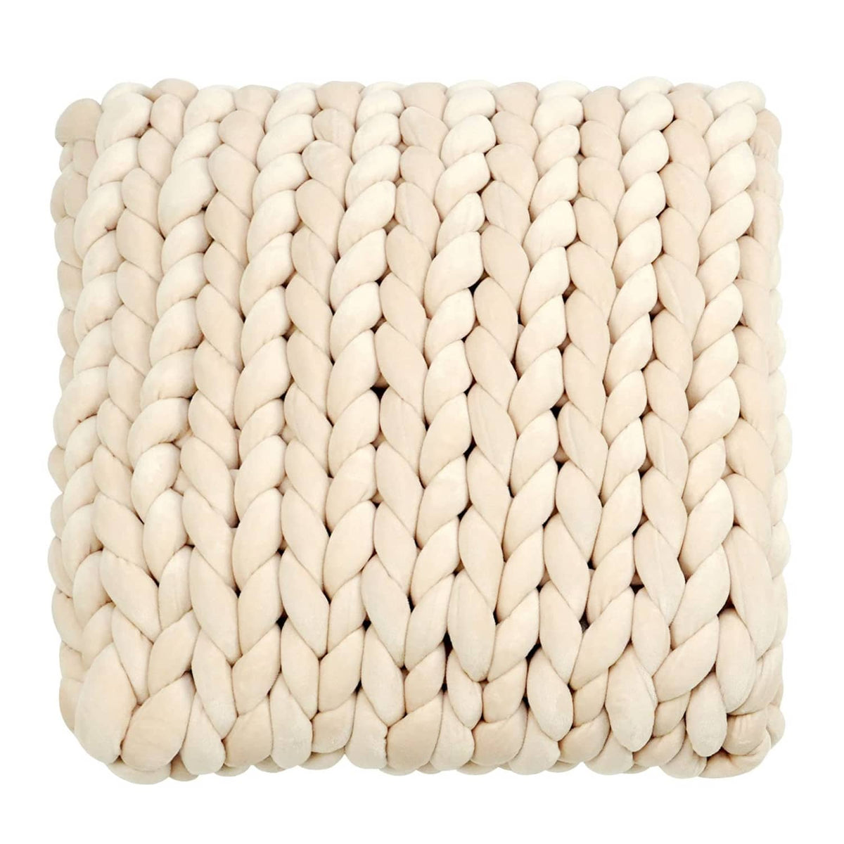 Beige chunky knit blanket swatch with interlocking loop pattern.