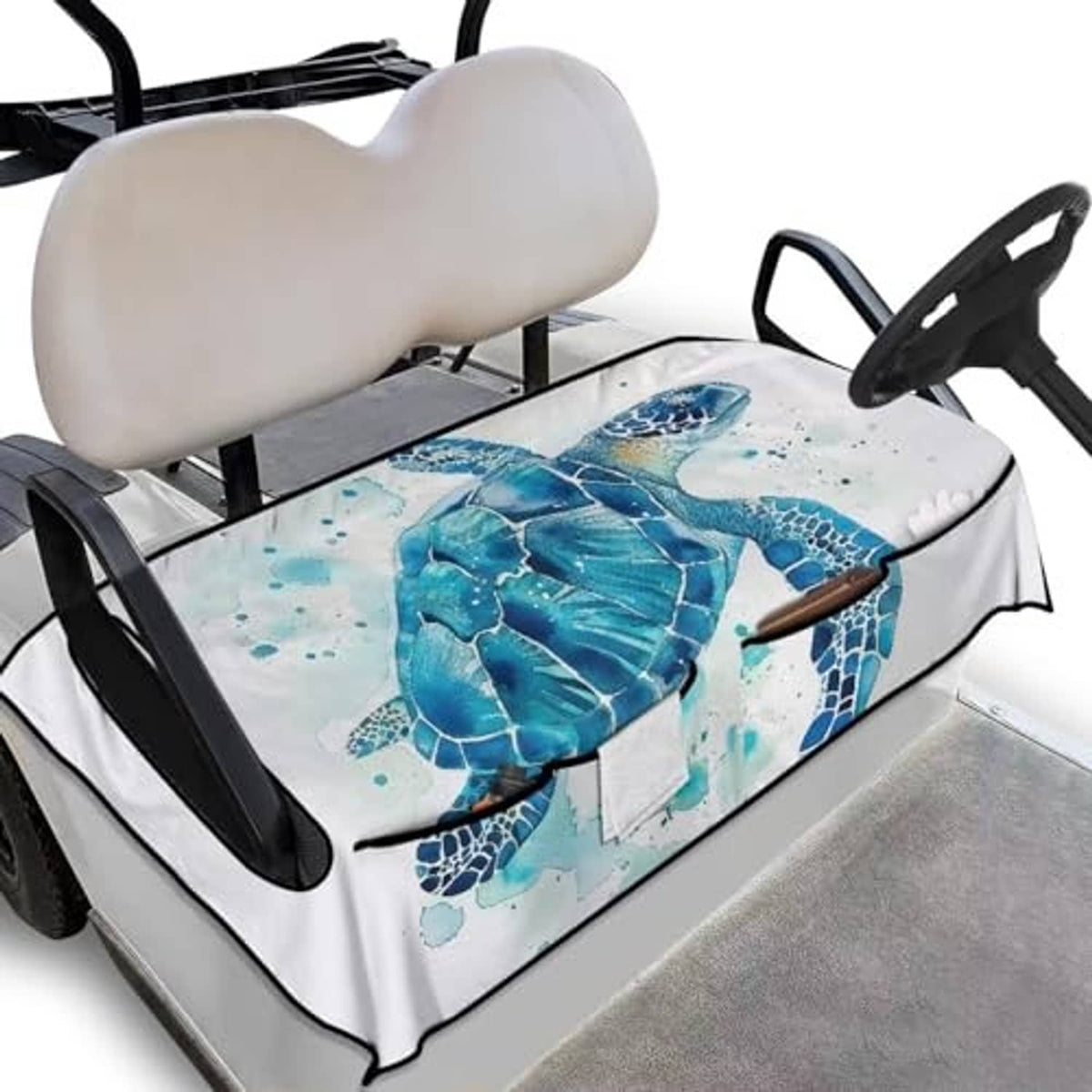 Golf cart seat cover towel blanket with blue sea turtle print, seat-facing view