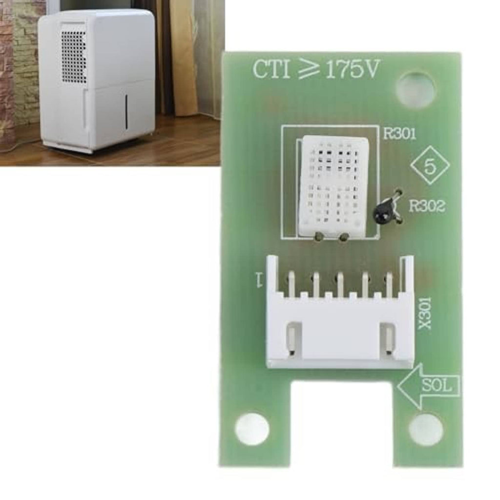 Green humidity sensor PCB with white socket and black sensor cap; dehumidifier unit shown