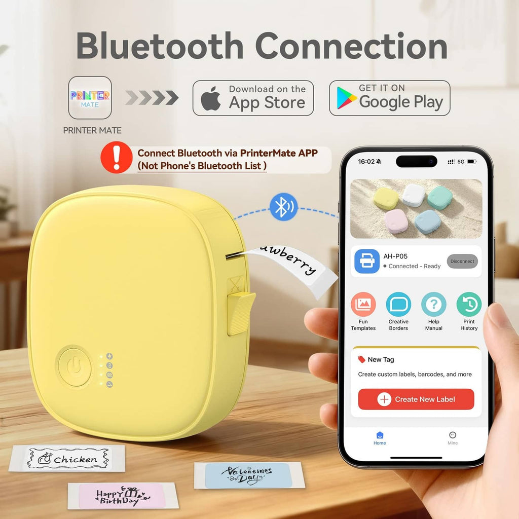Yellow label maker with phone app connection showing label editing options