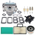 Carburetor kit with gaskets, fuel pump, air and oil filters, and spark plugs