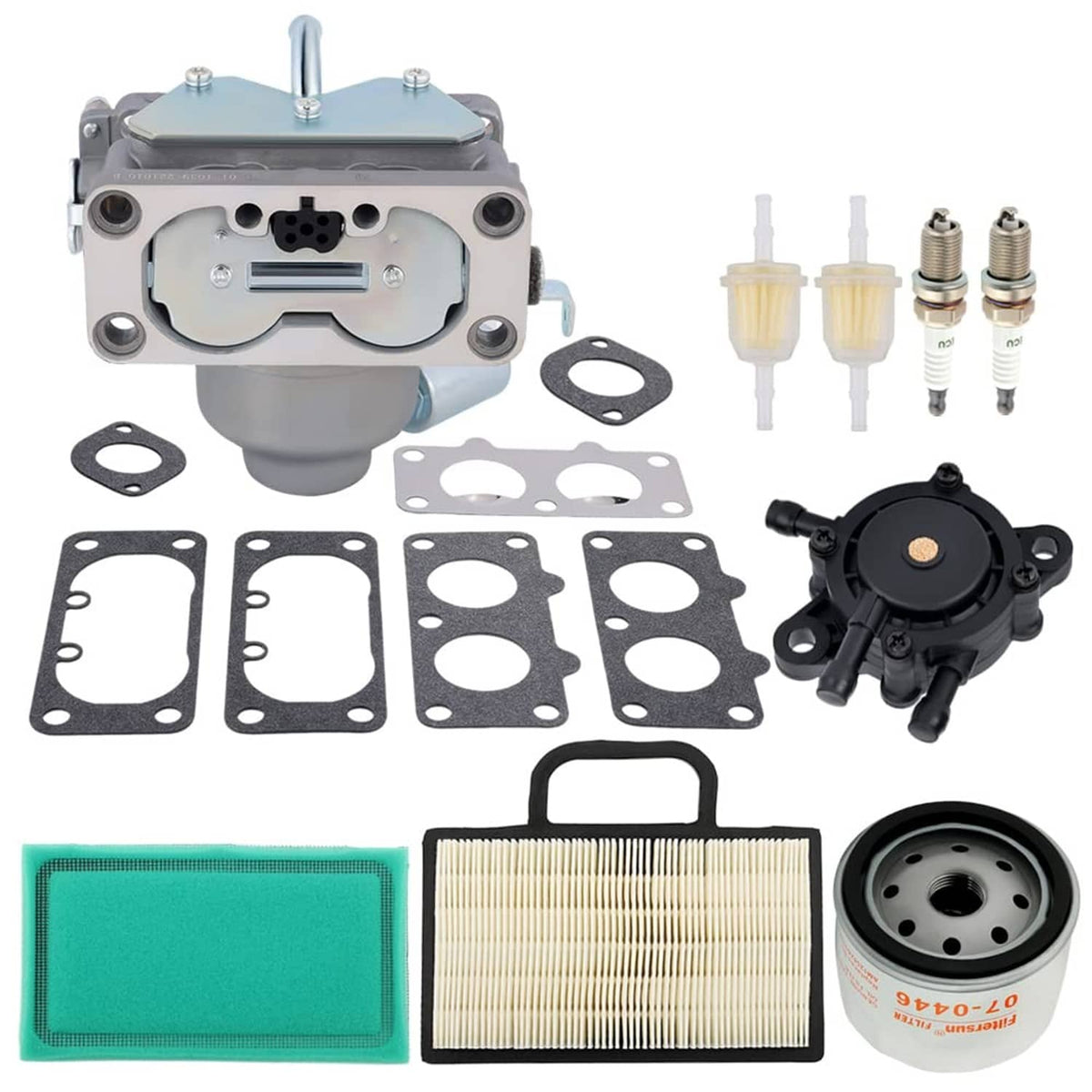 Carburetor kit with gaskets, fuel pump, air and oil filters, and spark plugs