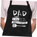 Black chef apron with 'DAD The Man The Myth BBQ Legend' graphic and long waist ties