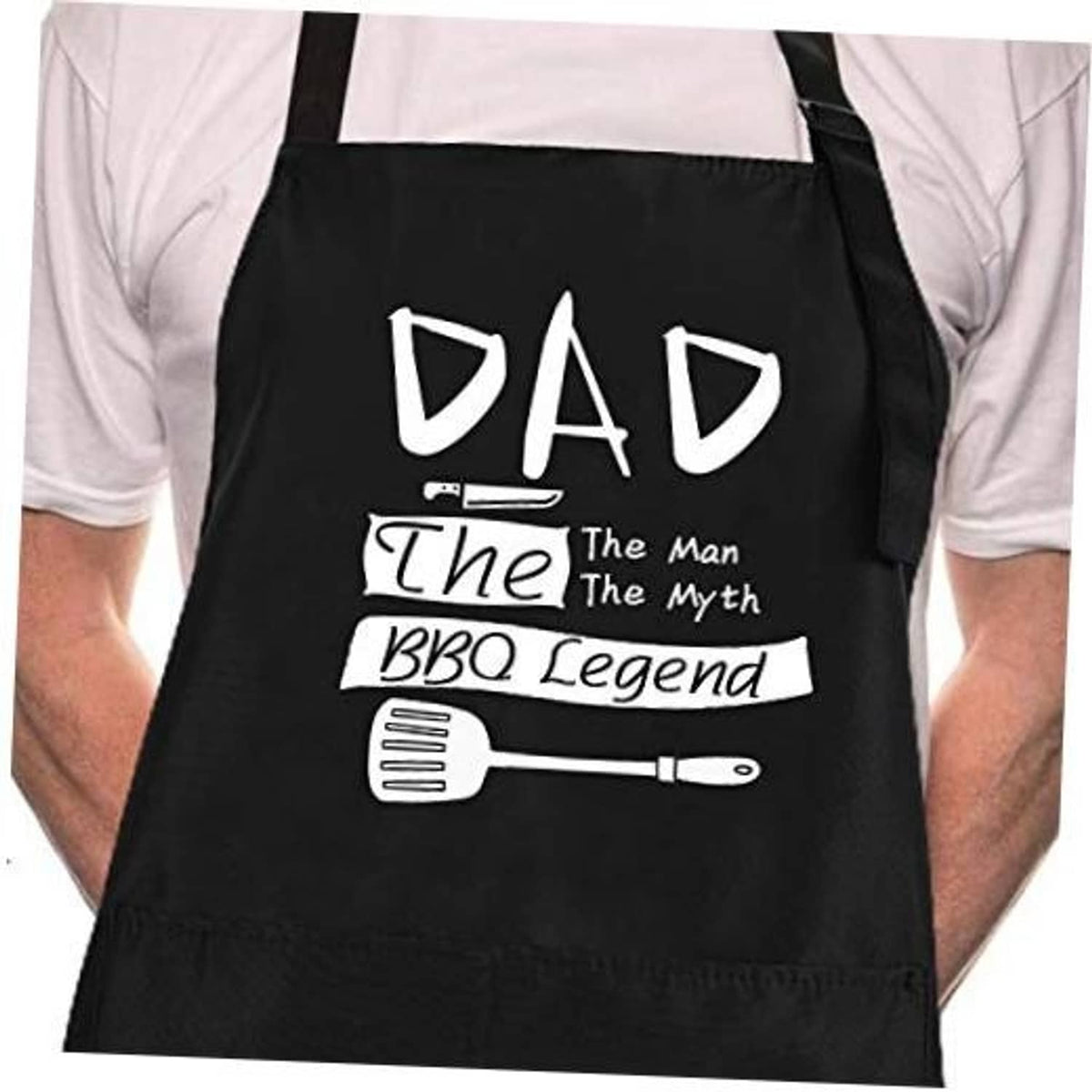 Black chef apron with 'DAD The Man The Myth BBQ Legend' graphic and long waist ties