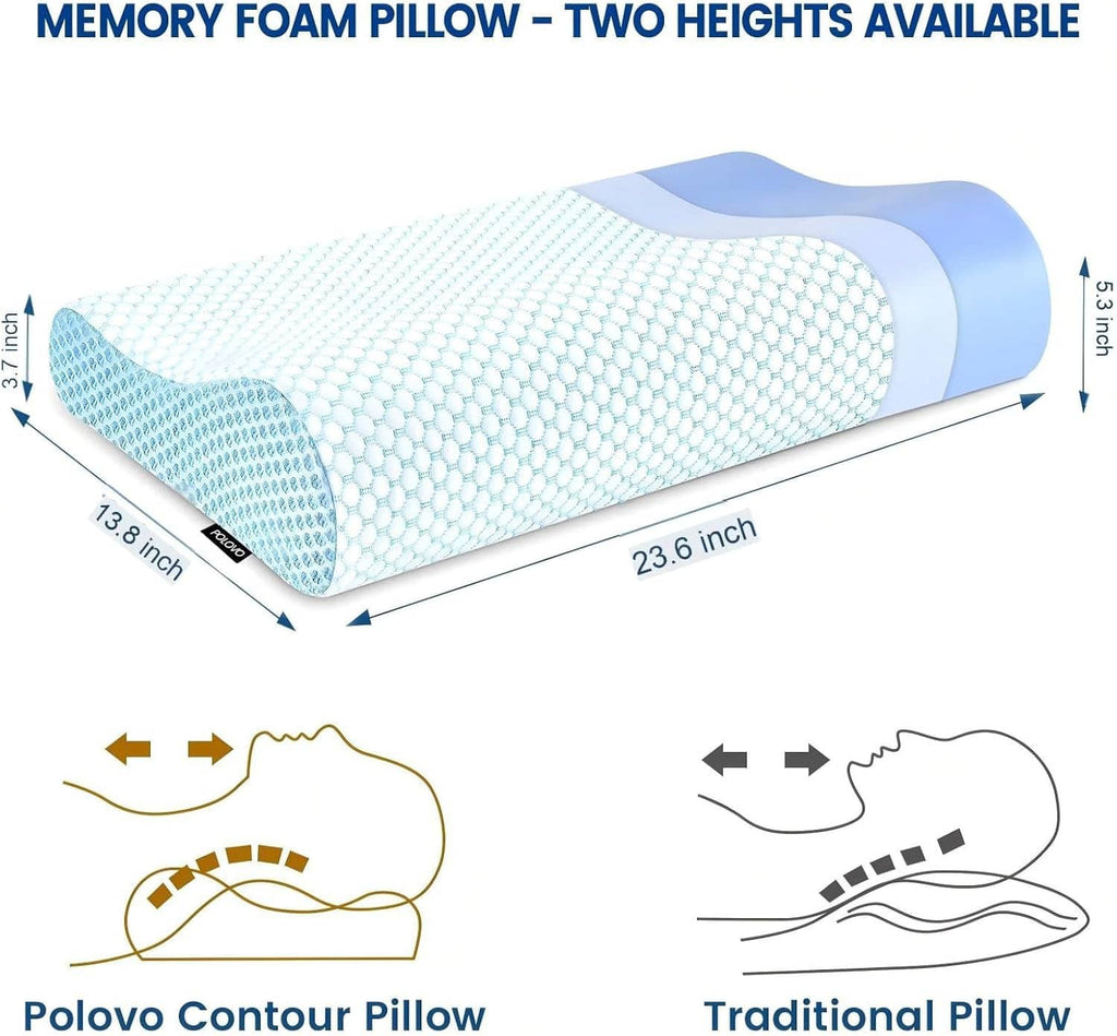 Light blue contoured memory foam pillow with raised neck cradle and two height profiles