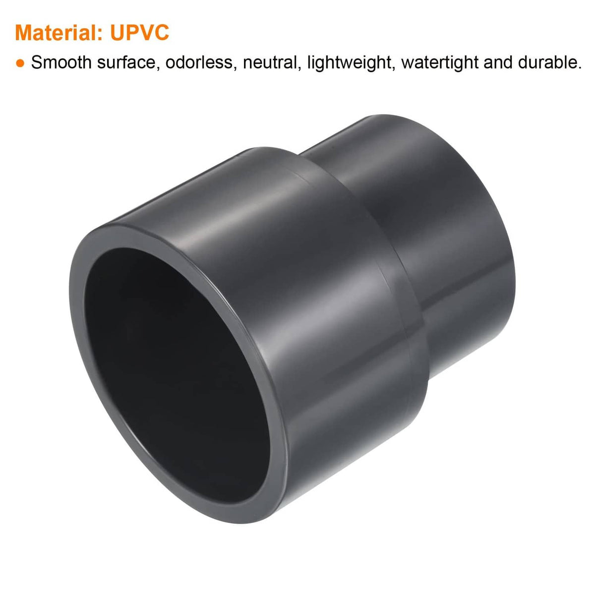 Gray UPVC reducer pipe fitting with smooth socket ends and dark interior openings