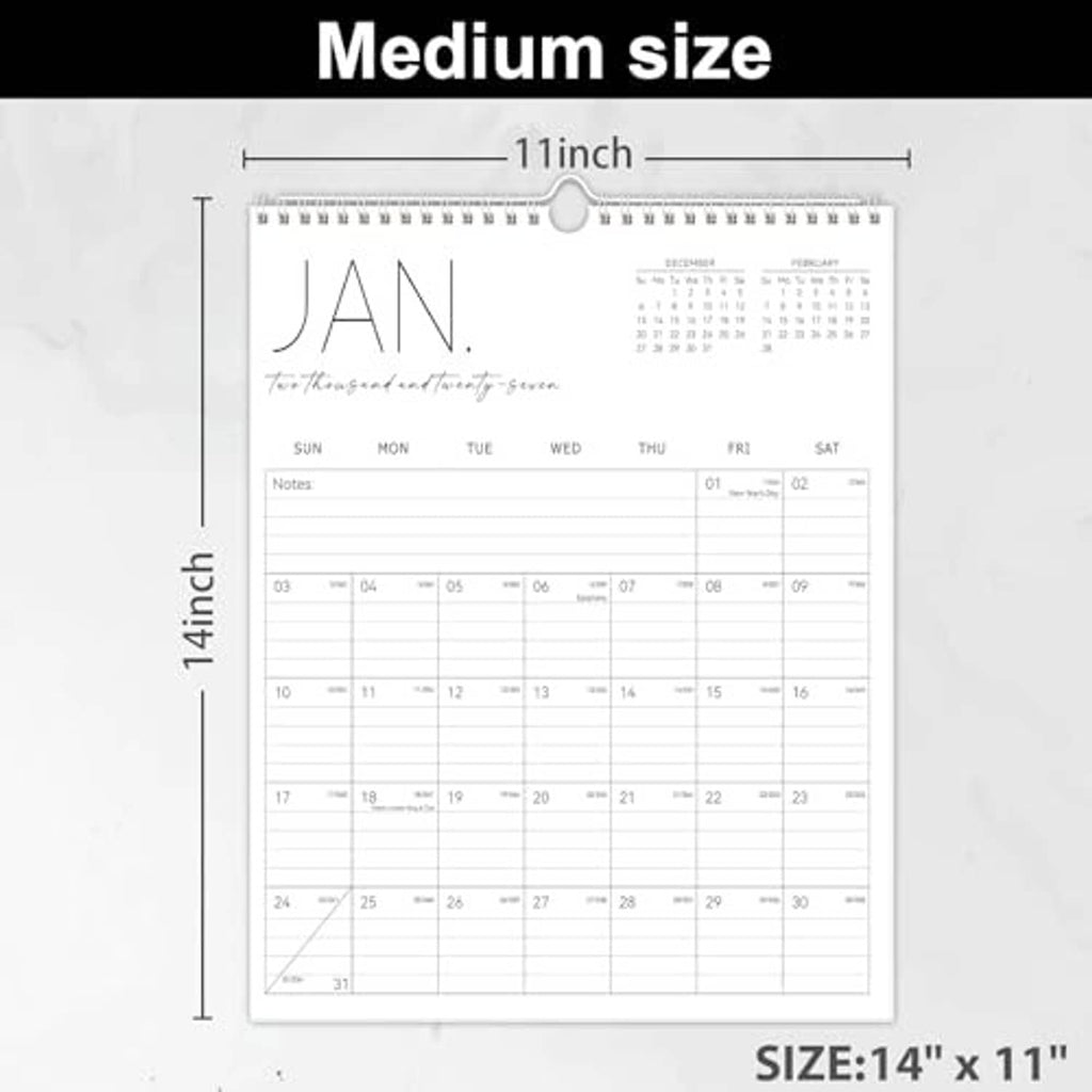 Vertical wall calendar size 14x11 in, white monthly planner layout with notes